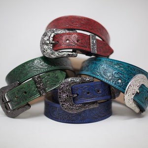 Personalized HandTooled Horse Flower Belt, Western Leather Belt, Hand Painted Belt with Removable Western Buckle