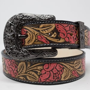 HandTooled Rose Belt, Western Leather Belt, Hand Painted Belt with Removable Western Buckle