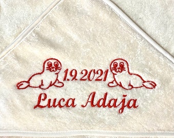 Hooded towel, hooded towel for babies with name and seals