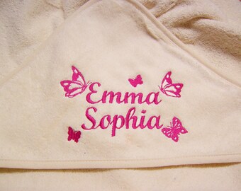 Hooded towel, hooded towel for babies with name and motif butterflies