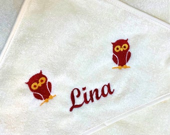 Hooded towel, hooded towel for babies with name and owl