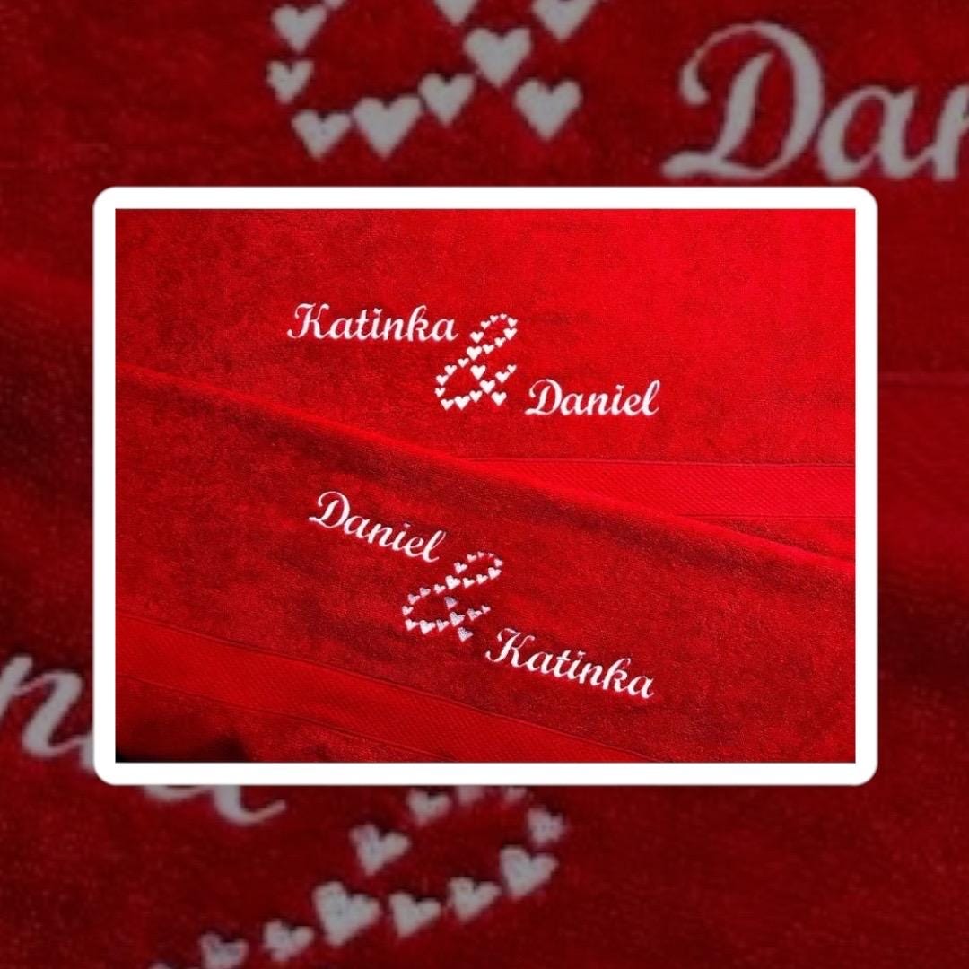 Bath towel hearts embroidered with names