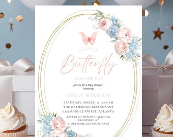 Butterfly Baby Shower Invitation, Pink Butterfly Invitation Template, Butterfly Baby Shower Invitation Girl, Butterflies and Flowers Pink