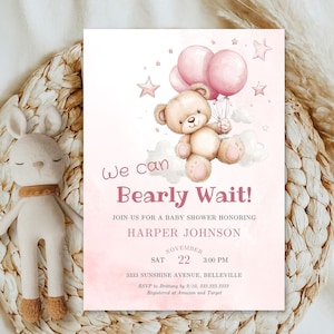 Pink Teddy Bear Editable Baby Shower Invitation, We Can Bearly Wait Baby Shower Invitation, Balloon Bear Shower, Girl Baby Shower Invite