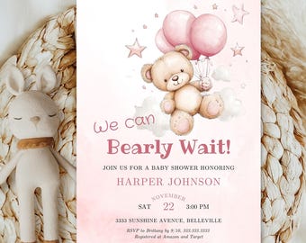 Pink Teddy Bear Editable Baby Shower Invitation, We Can Bearly Wait Baby Shower Invitation, Balloon Bear Shower, Girl Baby Shower Invite