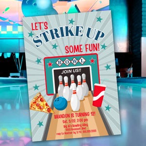 Printable Bowling Birthday Party Invitation, Editable Bowling Invite, Kids Bowling Invitation, Let&#39;s Strike Up Some Fun, Teen Birthday Party