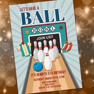 Bowling Birthday Party Editable Template, Birthday Invitation, Let&#39;s Strike Up Some Fun, Digital Boy Bday Party Invite Card, Bowling Invite