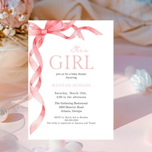 Editable Bow Baby Shower Invitation Template | Pink Bow Baby Shower Invite, It&#39;s a Girl Baby Shower Invitation, Printable Invitation