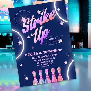 Bowling Birthday Invitation Editable Template, Let&#39;s Strike Up Some Fun Bowling Party Invitation, Rainbow Neon Glow Girls Birthday, Digital