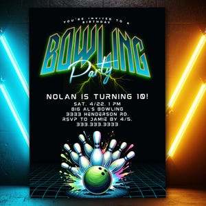 Birthday Bowling Party Invitation, Editable Bowling Birthday Invitation, Glow Bowling Invitation, Neon Bowling Party, Boy Bowling Invite