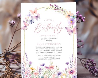 Butterfly Baby Shower Invitation, Purple Butterfly Invitation Template, Butterfly Baby Shower Invitation Girl, Butterflies and Flowers Pink