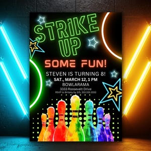 Bowling Birthday Party Invitation, Let&#39;s Strike Up Some Fun Editable Template, Glow Bowling Invitation, Boy Bowling Invite, Neon Bowling