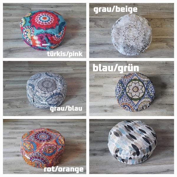 Meditation cushions in different designs, mandalas