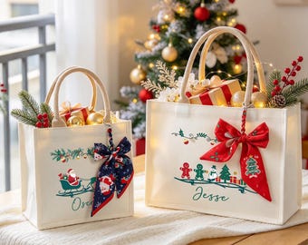Personalized Christmas Gift Bag & Charm, Custom Holiday Gift Tote With Name Or Logo, Reusable Christmas Tote, Christmas Canvas Tote Bag