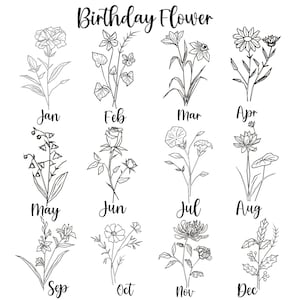 K&ouml;nnte beinhalten: Schwarz-Wei&szlig;-Illustration von zw&ouml;lf verschiedenen Blumen, die jeweils einen Monat des Jahres darstellen. Der Text "Birthday Flower" steht oben. Jede Blume ist mit einem Monat beschriftet.