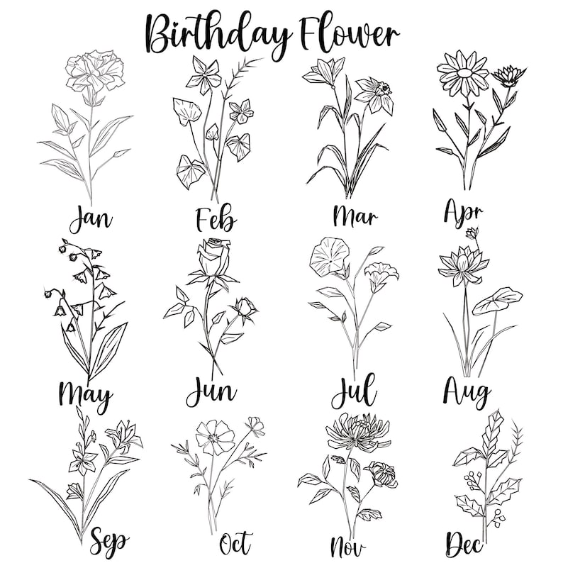 K&ouml;nnte beinhalten: Schwarz-Wei&szlig;-Illustration von zw&ouml;lf verschiedenen Blumen, die jeweils einen Monat des Jahres darstellen. Der Text "Birthday Flower" steht oben. Jede Blume ist mit einem Monat beschriftet.