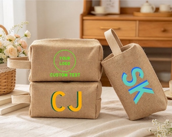 Personalized Shadow Letter Burlap Makeup Bag, Custom Name Or LOGO Cosmetic Pouch, Travel Toiletry Bag, Bridesmaid Gift for Her,Xmas Gift