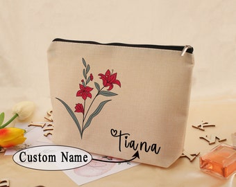 Custom Name Makeup Bag，Personalised Bridesmaid Gifts, Wedding Gift，Travel Makeup Bag，Birthday Gift for Her，Birth Flower Cosmetic Bag