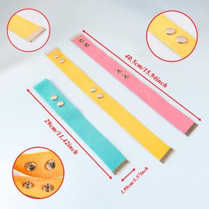 May include: Three colorful canvas belts: turquoise, yellow, and pink. Each belt has a metal buckle and snap closures. The pink belt measures 15.94 inches long, the turquoise belt is 11.42 inches long, and the width is 1.57 inches.