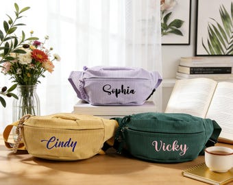 Borsa a tracolla in velluto a coste personalizzata, regalo di Natale, marsupio con nome personalizzato per donna, regalo di Natale per lei, borsa da viaggio personalizzata