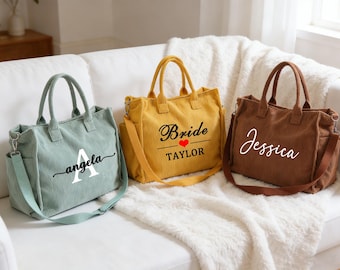 Gepersonaliseerde vintage corduroy schoudertas en crossbodytas met meerdere zakken, corduroy draagtas studenten, corduroy mamatas