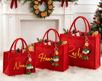 Personalized Red Christmas Gift Bag, Custom Name Holiday Tote, Burlap Gift Bag Bulk, Christmas Party Favor, Family Gift Sack
