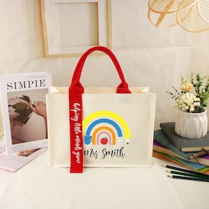 Sac fourre-tout personnalisé avec le nom de l'enseignant, sac fourre-tout arc-en-ciel, cadeau de remerciement pour l'enseignant