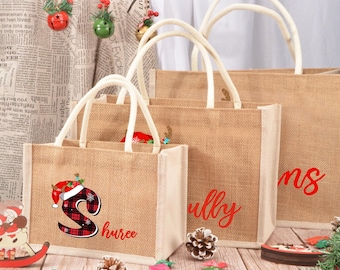 Personalized burlap Christmas Bag,Custom Initial Tote Bag,Holiday Gift Bags,Christmas Gift Bag,Xmas Gift