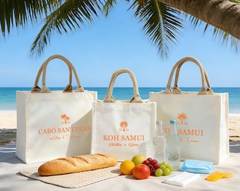 Custom Palm Tree Wedding Welcome Tote Bag, Bridesmaid Gift Bag, Destination Wedding Favor, Tropical Gift Bags