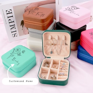 Sieradendoos reizen, cadeaus bruiloft bruidsmeisje, gepersonaliseerde cadeaus voor haar, verjaardagscadeau voor vrouwen, sieradendoosje geboortebloem