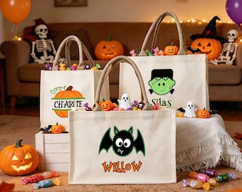 Personalisierte Halloween-Süßigkeitentüte für Kinder, niedliche Halloween-Geistertüte, gruselige Geschenktüte, Halloween-Tragetasche mit individuellem Namen, Süßigkeitentüte für „Süßes oder Saures“