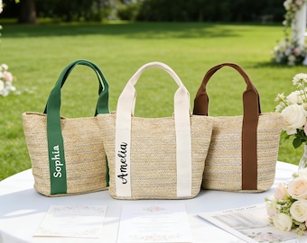 Personalisierte Jute-Einkaufstasche, benutzerdefinierte Stroh Name Taschen, Brautdusche Tasche, Hochzeitsgeschenk Tote, Strandtasche Bachelorette, Brautjungfer Vorschlag