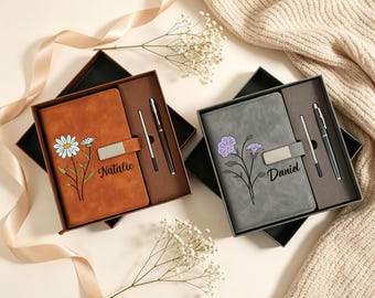 Personalized Birth Flower Notebook & Pen Set, Custom Name Leather Journal Gift, Birth Month Flower Journal for Women, Birthday/Teacher Gift