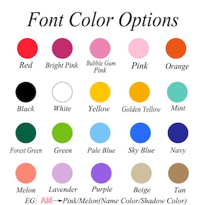 May include: Image displaying a color chart labeled "Font Color Options." The chart features a grid of colored circles, each with a corresponding color name. Colors include red, pink, orange, black, white, yellow, green, blue, and more.