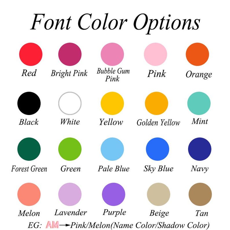 May include: Image displaying a color chart labeled "Font Color Options." The chart features a grid of colored circles, each with a corresponding color name. Colors include red, pink, orange, black, white, yellow, green, blue, and more.