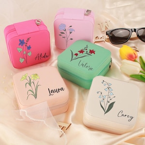Personalisierte Name Schmuck Box für Brautjungfern, Geburtsmonat Blumen Schmuckschatulle, Brautparty Vorschlag Geschenk, Schmuck Organisator Geschenk 