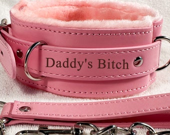 Personalized Bondage Collar with Leash Chain and Lock,Daddy's Bitch,Customization Choker Soft Fluff,BDSM Restraint Play