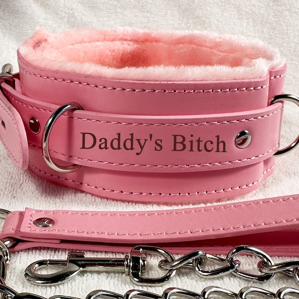 Personalized Bondage Collar with Leash Chain and Lock,Daddy's Bitch,Customization Choker Soft Fluff,BDSM Restraint Play