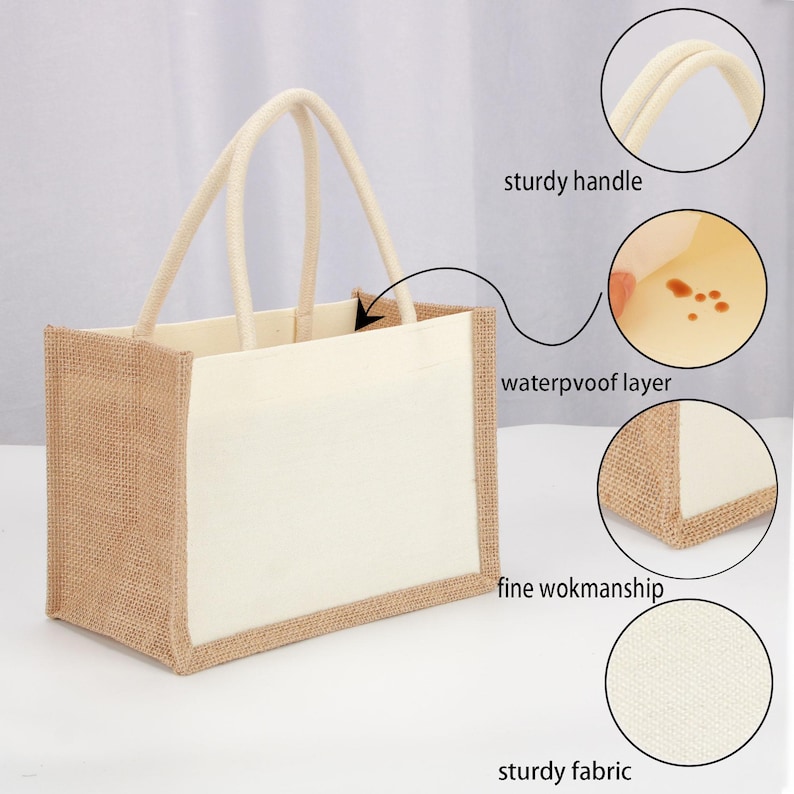 May include: A white canvas tote bag with a brown burlap trim and handles. The bag has a waterproof layer and is made with fine workmanship. The bag is made of sturdy fabric.