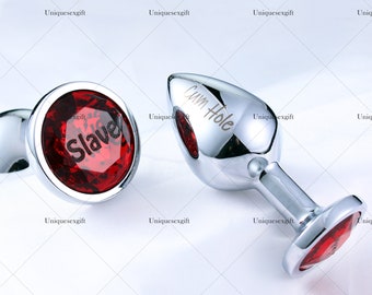 Metal Anal Plug with Red Gemstone, Customized Butt Plug,Engraved Text at the Bottom,Anal Play