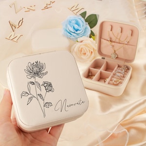 Personalisierte Schmuckschatulle, Reise Schmuckschatulle, Brautjungfern Geschenk, benutzerdefinierte Name Geburt Blume Schmuckschatulle