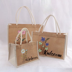 Sacs fourre-tout personnalisés en toile de jute, cadeau de fête des mères, cadeau d'anniversaire personnalisé, sac fourre-tout de demoiselle d'honneur, mariage, sacs de fête des mères, sac de plage