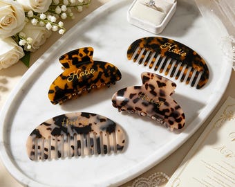 Set personalizzato con fermaglio per capelli tartarugato e pettine a denti larghi, accessori per capelli francesi con nome inciso su misura, regalo per lei, damigella d'onore.