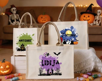 Borsa per dolcetto o scherzetto di Halloween personalizzata, borsa in tela personalizzata con monogramma, regalo di Halloween per bambini a scuola, borsa a tracolla a tema fantasma per dolcetti.