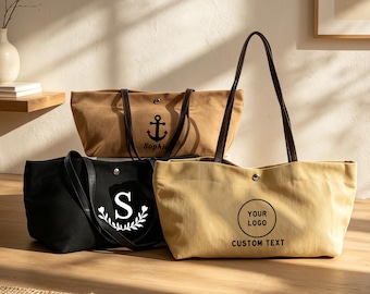 Personalized Tote Bag With Name,Canvas Tote Bag with Leather Handles - Minimalist Everyday Shoulder Bag, Women Daily Bags,Custom Logo Bag