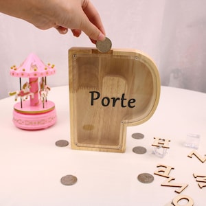 Hucha con inicial personalizada, hucha con letras y nombre, regalos personalizados para niños y niñas, decoración de madera para guardería, regalo para baby shower