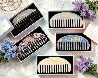 Pettine per capelli in acetato personalizzato con incisione, pettine a mezzaluna con iniziali personalizzate, pettine effetto tartaruga marmorizzato, regalo per addio al nubilato o damigella d'onore.