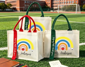 Custom Teacher Name Tote Bag, Rainbow Tote Bag，Teacher Appreciation Gift Kindergarten Teacher，Personalized Teacher Gifts,Back To School