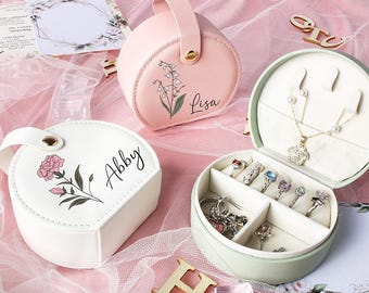 Birth Flower Jewelry Travel Case,Personalized Gifts for Her,Small Square Earring Organizer,Custom Jewelry Box,Birthday Gift