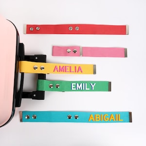 May include: A collection of colorful luggage straps with metal hardware. The straps are red, pink, yellow, green, and teal, each with a name printed in a coordinating color: Amelia, Emily, and Abigail. The straps are attached to a pink suitcase.